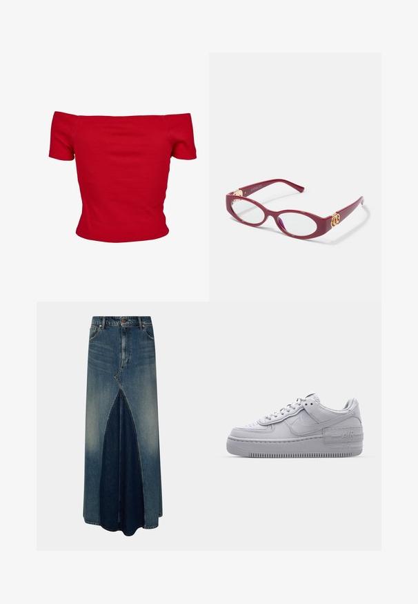 Rode off-shoulder top gemaakt van ribbelstof, met korte mouwen en een getailleerd ontwerp. Gladde textuur, effen kleur zonder patronen.; Blauwe denim maxi-rok met een voor-invertpleat, riemlussen, knoop- en ritssluiting, en vervaagde wasdetails.; Grijze Nike Air Force 1 sneaker met geperforeerde neus, glad leren bovenwerk, dikke zool en verhoogde 'AIR' details op de hiel.; Rode plastic ovale monturen met heldere glazen. Bevat gouden hardware accenten op de pootjes en een slank modern ontwerp.
