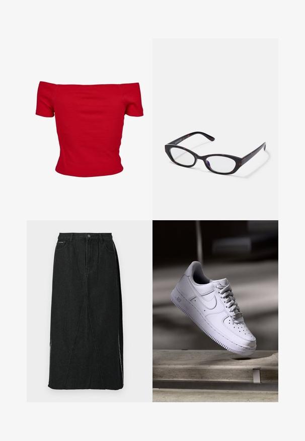Rød off-shoulder top lavet af ribbet stof, med korte ærmer og tætsiddende design. Glat tekstur, ensfarvet uden mønstre.; Sort denimnederdel med høj talje, lige snit og unikke skrå sømme. Har sideslids og knaplukning i taljen.; Hvid Nike Air Force 1 sneaker svævende over en betonoverflade med skygger i et minimalistisk miljø.; Katteøje briller med en blank mørk skildpadde plastisk ramme, der har buede arme og klare linser. Minimal branding på siden.