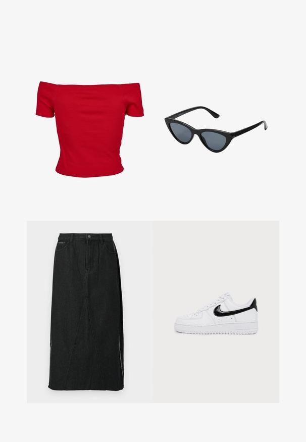 Haut rouge à épaules dénudées en tissu côtelé, avec des manches courtes et une coupe ajustée. Texture lisse, couleur unie sans motifs.; Jupe en denim noire avec une taille haute, coupe droite et coutures angulaires uniques. Présente des fentes latérales et une fermeture à bouton à la taille.; Baskets basses blanches avec logo Nike noir et détail au talon, design à lacets et bout perforé sur fond clair uni.; Lunettes de soleil noires en forme d'œil de chat avec des verres gris foncé, monture en plastique élégante, coins pointus et branches droites. Pas de métal visible ni d'accents.