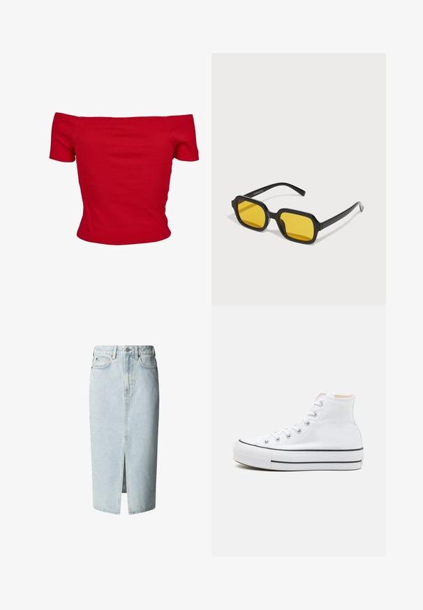 Rode off-shoulder top gemaakt van ribbelstof, met korte mouwen en een getailleerd ontwerp. Gladde textuur, effen kleur zonder patronen.; Lichtblauwe denim midi-rok met voorsplit, ceintuurlussen, knoop- en ritssluiting, en voor- en achterzakken.; Witte hoge sneakers van canvasmateriaal, zwarte rubberen zool en contrasterende zwarte streep op de tussenzool. Circulaire neus en vetersluiting.; Zwarte rechthoekige zonnebril met gele lenzen. Kenmerken zijn onder andere dikke monturen en een hoekig ontwerp met een gladde, glanzende afwerking.