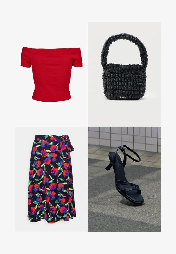 Rode off-shoulder top gemaakt van ribbelstof, met korte mouwen en een getailleerd ontwerp. Gladde textuur, effen kleur zonder patronen.; Even&Odd MIDI SKIRT WITH SHELL FABRIC - A-lijn rok - multicoloured; Zwarte sandaal met hoge hak en bandjes, met enkelgesp, zwevend boven een gestructureerd grijs trottoir met een betegelde muur op de achtergrond.; Kleine zwarte gewatteerde handtas met korte, gewatteerde handgreep en "HUGO"-label aan de voorkant, afgebeeld tegen een effen lichte achtergrond.