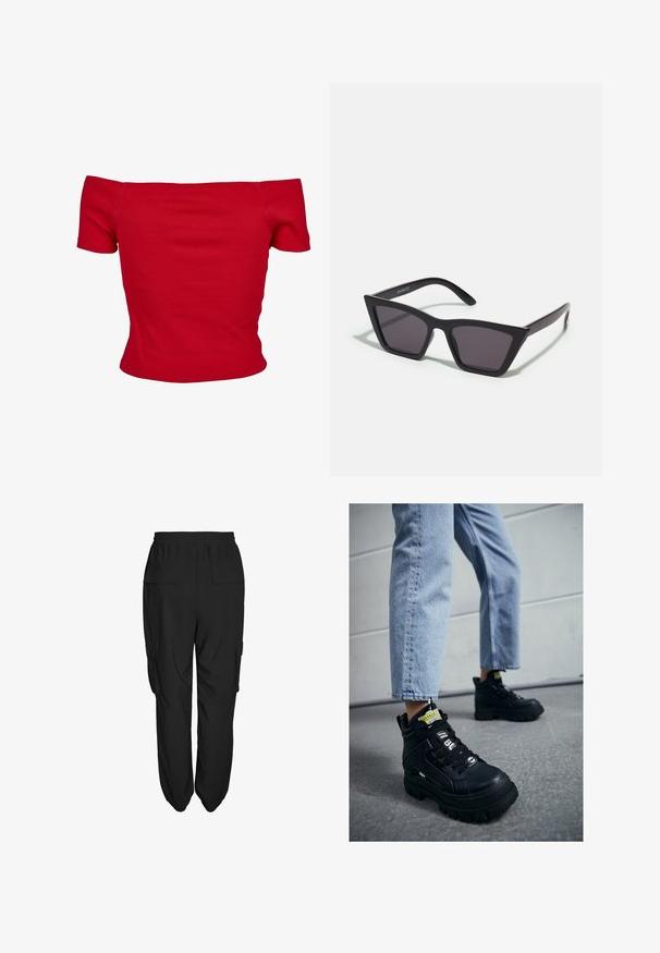 Rød off-shoulder top lavet af ribbet stof, med korte ærmer og tætsiddende design. Glat tekstur, ensfarvet uden mønstre.; Sorte cargo bukser med en afslappet pasform, der har en elastisk talje, to sidelommer og to baglommer. Letvægtigt stof med en glat tekstur.; Sorte højtop sneakers med en chunky sål, med snørebåndsdesign, logo accenter og gule tags. Worn med lyseblå cropped jeans.; Sorte, kantede solbriller med grå linser; lavet af plast, med tykke stænger med en glat overflade og ingen synlig hardware.