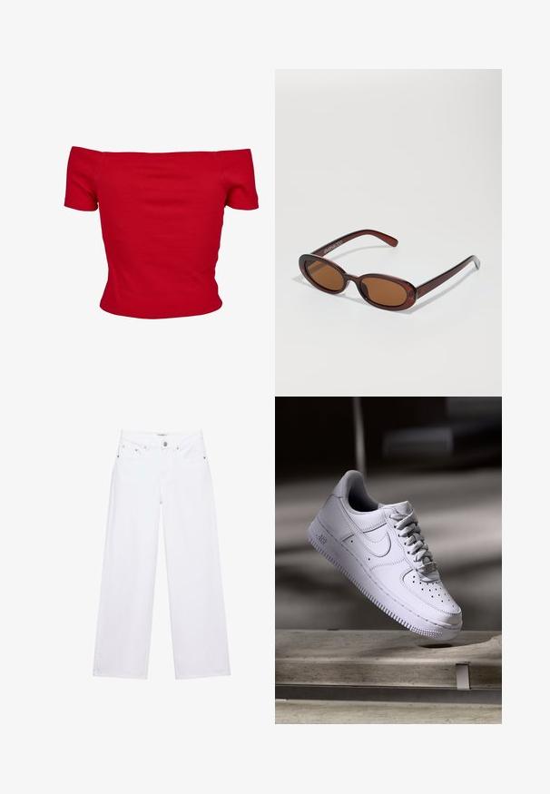 Haut rouge à épaules dénudées en tissu côtelé, avec des manches courtes et une coupe ajustée. Texture lisse, couleur unie sans motifs.; Jean blanc taille haute à jambes larges avec fermeture à boutons et zip, poches avant et arrière, et détails en rivets argentés.; Baskets Nike Air Force 1 blanches lévitant au-dessus d'une surface en béton avec des ombres dans un cadre minimaliste.; Lunettes de soleil rondes teinte brun avec une monture bordeaux brillante. Branches fines avec un détail de marque subtil. Design de verres plats.