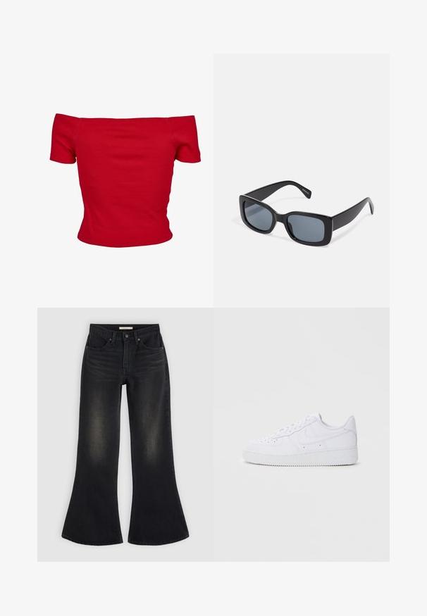 Rød off-shoulder top lavet af ribbet stof, med korte ærmer og tætsiddende design. Glat tekstur, ensfarvet uden mønstre.; Sorte jeans med vide ben, forlommer, bæltestropper og falmet skygge på lårene og knæene, lagt fladt på en lys baggrund.; Hvide Nike Air Force 1 sneakers med læderoverdel, rund tå, snørelukning, polstret krave og struktureret gummisål.; Sorte rektangulære solbriller med mørkt tonede linser, tyk plastramme og brede stænger. Glat overflade og kantet design.