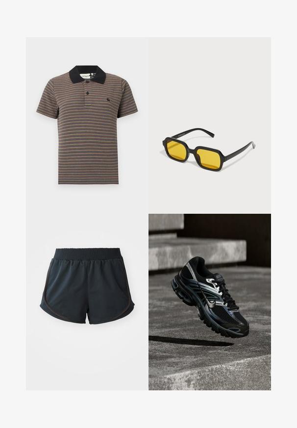 Polo à manches courtes avec de fines rayures horizontales multicolores et un col noir uni avec une patte de boutonnage à deux boutons.; Shorts de sport noirs avec une taille côtelée, comportant des coutures latérales et des accents marron, fabriqués dans un tissu léger et lisse.; Chaussure de running Nike noire et argent flottant au-dessus de marches en béton, montrant un design détaillé et une semelle texturée en extérieur.; Lunettes de soleil rectangulaires noires avec des verres jaunes. Les caractéristiques incluent des montures épaisses et un design anguleux avec une finition lisse et brillante.