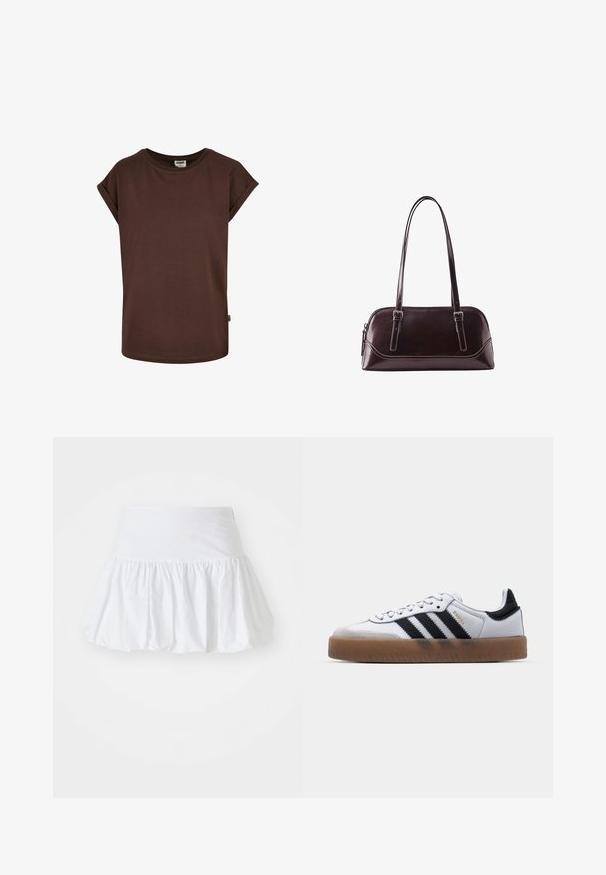 T-shirt en coton marron avec des manches courtes roulées, un col rond et une coupe ample. Présente une petite étiquette sur la couture latérale.; Jupe évasée blanche fabriquée en tissu léger, avec un design froncé et une taille élastique pour le confort. Pas de motifs ni d'accents visibles.; Baskets en cuir blanc avec des rayures noires, semelle extérieure en caoutchouc beige, bout rond, fermeture lacée et embout en suède gris doux.; Sac à main en cuir marron foncé avec deux longues bandoulières, une fermeture éclair et des détails cousus subtils sur fond blanc.