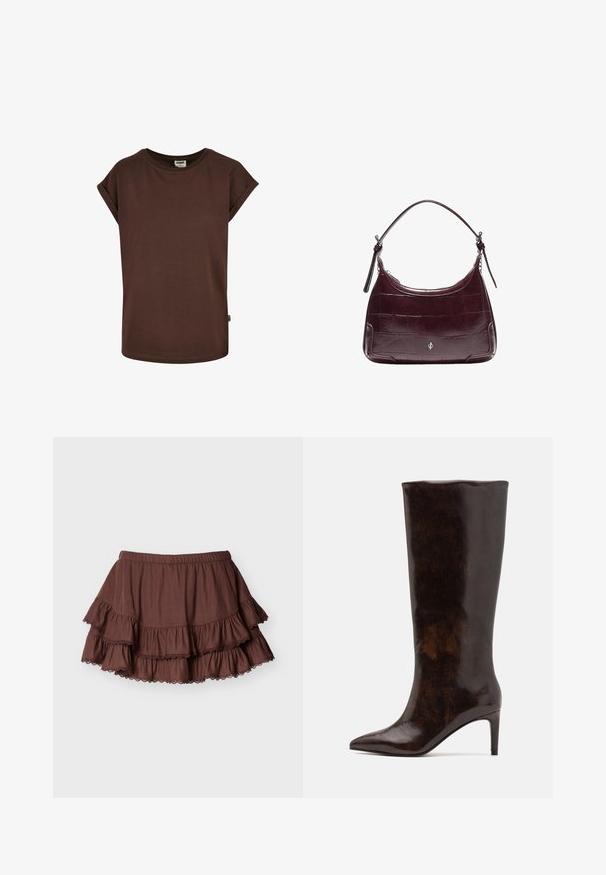 T-shirt en coton marron avec des manches courtes roulées, un col rond et une coupe ample. Présente une petite étiquette sur la couture latérale.; Mini-jupe marron à volants superposés avec une ceinture élastique et des volants bordés de dentelle sur un fond clair uni.; Call it Spring RHODDE - Bottes - medium brown; Sac à main en cuir bordeaux foncé avec une sangle courte, un motif crocodile discret et un petit emblème argenté au centre avant.