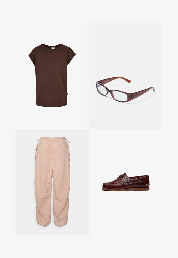 T-shirt en coton marron avec des manches courtes roulées, un col rond et une coupe ample. Présente une petite étiquette sur la couture latérale.; BDG Urban Outfitters BAGGY CARGO - Jean boyfriend - acid pink; Chaussure bateau en cuir marron avec lacets, détails de couture et logo Timberland sur le côté, présentée sur un fond blanc.; Lunettes rectangulaires teintées de brun avec une finition brillante, dotées de branches fines et de verres transparents. Logo visible sur la branche gauche.