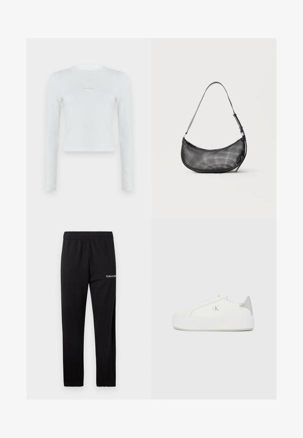 Λευκό μακρυμάνικο ριμπ crop top με στρογγυλή λαιμόκοψη και μικρό λογότυπο Calvin Klein στο κέντρο του στήθους.; Μαύρο παντελόνι φόρμας Calvin Klein με ελαστική μέση και λευκό λογότυπο στο πάνω μέρος του αριστερού μηρού, παρουσιάζεται σε λευκό φόντο.; Λευκά καμβά παπούτσια με παχιά λευκή σόλα, που διαθέτουν μεταλλικό ασημί τόνο στη φτέρνα και διακριτική λεπτομέρεια λογότυπου στο πλάι.; Μικρή μαύρη τσάντα ώμου από δίχτυ σε σχήμα ημισελήνου με ρυθμιζόμενο λεπτό λουράκι, σε απλό φωτεινό φόντο.