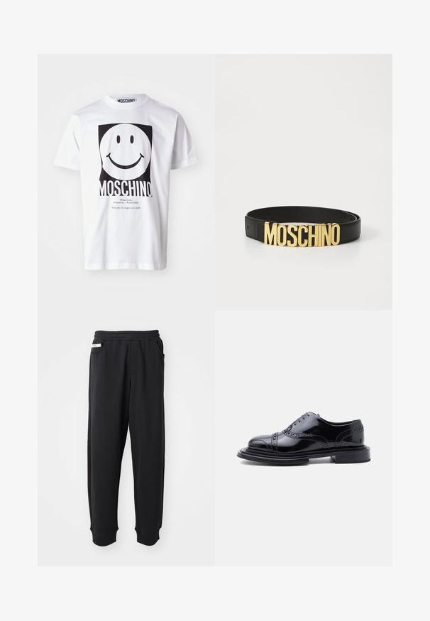 Hvid bomulds T-shirt med et stort sort smiley-ansigt grafik, med "MOSCHINO" trykt nedenfor og arrangementsdetaljer i mindre tekst.; Sorte sweatpants lavet af blødt stof, med elastisk talje, sidelommer og ribbede manchetter ved anklerne. Minimalistisk design.; Sort poleret læder broguesko med vingetip-perforering og stablet hæl, vist i sideprofil mod en hvid baggrund.; Sort læderbælte med et stort guld "MOSCHINO" logo spænde, glat tekstur, justerbar størrelse og minimalistisk design.