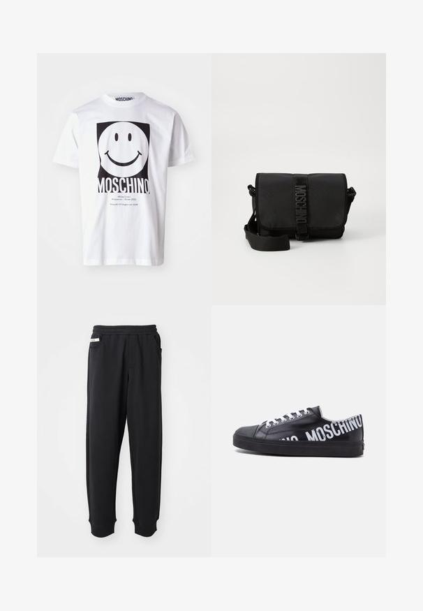Hvid bomulds T-shirt med et stort sort smiley-ansigt grafik, med "MOSCHINO" trykt nedenfor og arrangementsdetaljer i mindre tekst.; Sorte sweatpants lavet af blødt stof, med elastisk talje, sidelommer og ribbede manchetter ved anklerne. Minimalistisk design.; Sort lavtop sneaker med hvide snørebånd og fed hvid "MOSCHINO" tekst, der vikler sig rundt om hælen og siden.; Sort nylon crossbody taske med en klap, prydet med en fremtrædende logo-rem lukning, justerbar rem og sidelægninger.