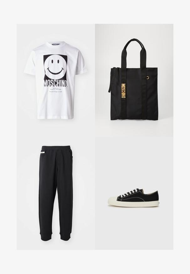 Hvid bomulds T-shirt med et stort sort smiley-ansigt grafik, med "MOSCHINO" trykt nedenfor og arrangementsdetaljer i mindre tekst.; Sorte sweatpants lavet af blødt stof, med elastisk talje, sidelommer og ribbede manchetter ved anklerne. Minimalistisk design.; Sorte lærredssneakers med hvid syning, en rund gummitå, og hvide snørebånd. Har en tekstureret stofoverdel og en beige sål.; Sort tote taske lavet af glat stof med to sorte håndtag, prydet med et guld "MOSCHINO" logo og en lynlåslukning.