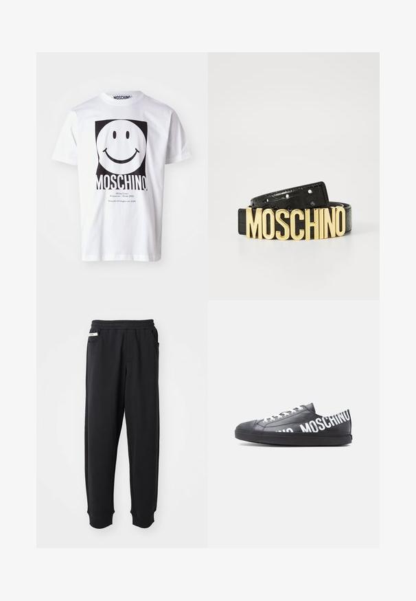 Hvid bomulds T-shirt med et stort sort smiley-ansigt grafik, med "MOSCHINO" trykt nedenfor og arrangementsdetaljer i mindre tekst.; Sorte sweatpants lavet af blødt stof, med elastisk talje, sidelommer og ribbede manchetter ved anklerne. Minimalistisk design.; Sort lavt snøresko med hvide snørebånd og "MOSCHINO" trykt med store hvide bogstaver langs siden og på hælen.; Sorte læderbælte med en krokodilletekstur og et stort guld "MOSCHINO" logo som spænde. Har flere justeringshuller.