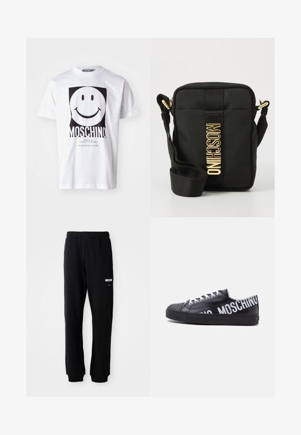 Hvid bomulds T-shirt med et stort sort smiley-ansigt grafik, med "MOSCHINO" trykt nedenfor og arrangementsdetaljer i mindre tekst.; Sorte sweatpants med en afslappet pasform, lavet af blødt stof. Har en elastisk talje og hvidt "Moschino" logo på venstre lår.; Sort lavtop sneaker med hvide snørebånd og fed hvid "MOSCHINO" tekst, der vikler sig rundt om hælen og siden.; Sort nylon crossbody taske med en rektangulær form, der har en tekstureret overflade, et guld "MOSCHINO" logo og en justerbar rem.