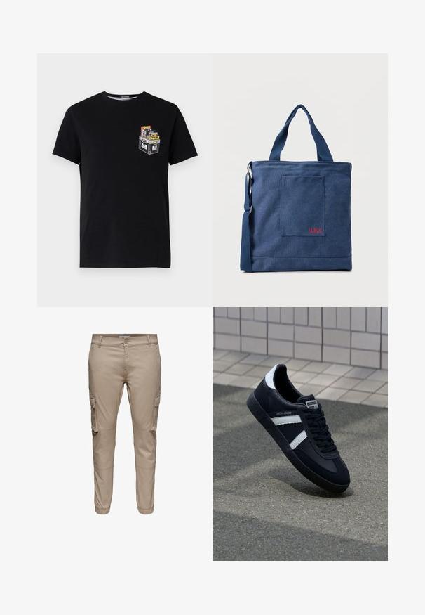 Zwarte katoenen t-shirt met korte mouwen, voorzien van een kleine graphic van een crate gevuld met kleurrijke items op de linkerkant van de borst.; Beige slim-fit cargobroek met zijflappenzakken, knoopsluiting, riemlussen en elastische boorden bij de enkels.; Zwarte leren sneaker met witte strepen, een gestructureerde rubberen zool en vetersluiting aan de voorkant. Voorzien van een merklabel op de tong.; Blauwe canvas tas met voorvak en rode "O.N.S" borduring, voorzien van dubbele handvatten en een verstelbare schouderriem.