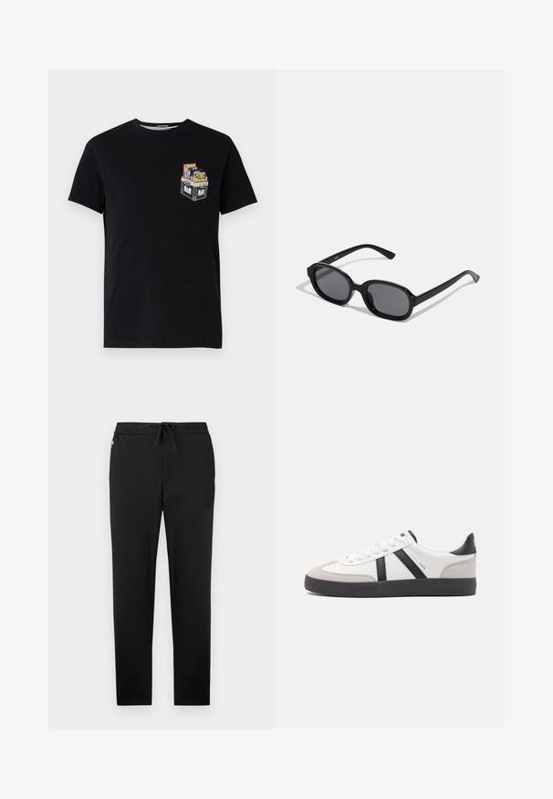 Zwarte katoenen t-shirt met korte mouwen, voorzien van een kleine graphic van een crate gevuld met kleurrijke items op de linkerkant van de borst.; Jack & Jones Joggers Tapered Fit - Broek - black; Witte sneaker met zwarte en grijze accenten, voorzien van een grijze neus met textuur, zwarte rubberen zool en platte witte veters. Schoon ontwerp, minimalistische stijl.; Zign by Zalando Zonnebril - black