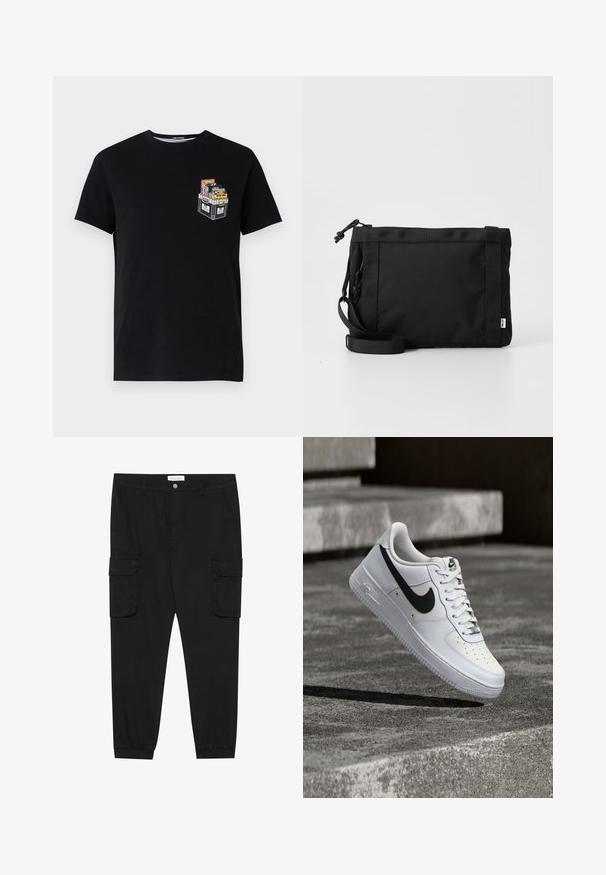 Zwarte katoenen t-shirt met korte mouwen, voorzien van een kleine graphic van een crate gevuld met kleurrijke items op de linkerkant van de borst.; Zwarte cargobroek met rechte pijpen, elastische boorden en meerdere zijzakken. Gemaakt van een gestructureerde stof met een knoopsluiting.; Witte Nike Air Force 1 sneaker met zwarte swoosh, veters gestrikt, zwevend in de lucht boven een gestructureerd betonnen oppervlak buiten.; Zwarte stoffen schoudertas met een gestructureerde buitenkant, verstelbare schouderband en trekkoordsluiting. Voorzien van gedurfde stiksels en een zijlabel.