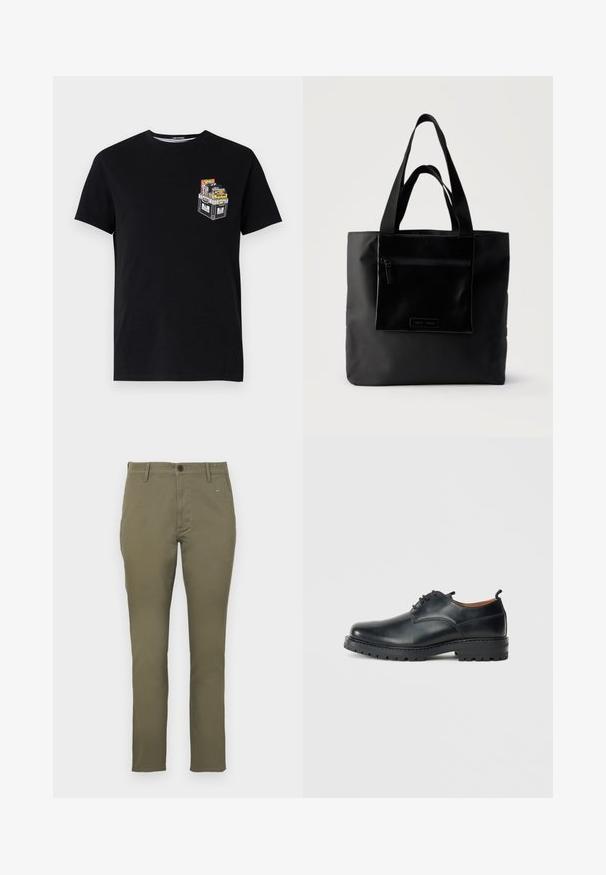 T-shirt en coton noir à manches courtes avec un petit graphique d'une caisse remplie d'objets colorés sur la zone gauche de la poitrine.; Chinos kaki coupe slim pour homme avec passants de ceinture, fermeture à boutons devant et poches latérales, présentés sur un fond clair uni.; Chaussures derby en cuir noir avec une texture lisse, bout rond, design à lacets et une semelle en caoutchouc épaisse et robuste.; Sac cabas noir avec poche zippée à l'avant et double poignée, posé sur un fond clair uni.