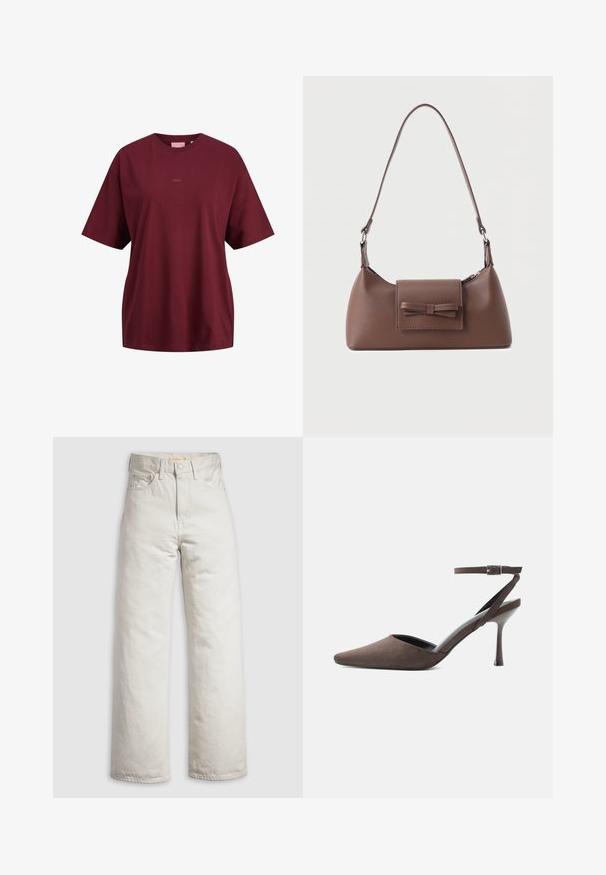 Bordeauxrode T-shirt met korte mouwen en ronde hals, met klein "JJXX"-logo in het midden van de borst, losse pasvorm en eenvoudig ontwerp.; Off-white high-waisted recht gesneden spijkerbroek met knoop aan de voorkant, ritsluiting en een ontwerp met vijf zakken, afgebeeld op een effen witte achtergrond.; Bruine suède hoge hakken met spits toelopende neus, dunne enkelriem en zilveren gesp op een witte achtergrond.; Bruine leren schoudertas met een voorvak met klep en een gestikte strikdetail en een verstelbare band.