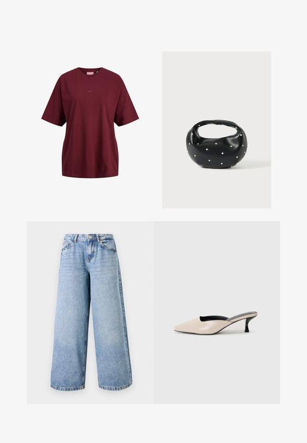 Bordeauxrød T-shirt med korte ærmer og rund hals med lille "JJXX" logo centreret på brystet, afslappet pasform og ensfarvet design.; Lyseblå bredbenede jeans lavet af denim, med høj talje, lynlås og fem lomme-design. Syninger er synlige langs benene.; Beige patent læder slingback hæl med spids tå og en lav sort hæl. Glat tekstur, minimalistisk design med åbne sider.; Sort læderhåndtaske med en rundet form, dekoreret med sølvnitter, og et kort håndtag. Glat tekstur og lynlåslukning.