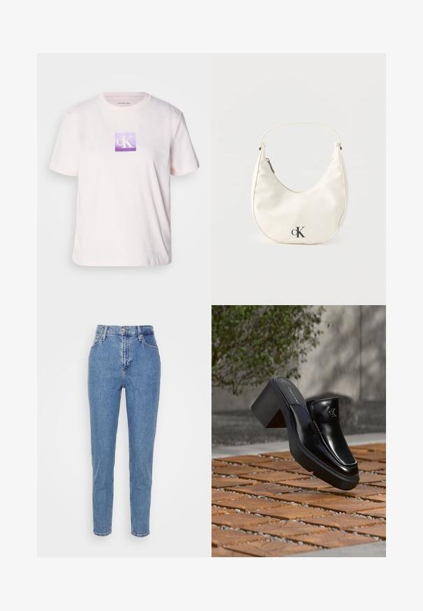 Lichtroze katoenen T-shirt met korte mouwen, met een vierkant paarse grafische logo met witte "cK" letters in het midden.; Blauwe high-waisted straight-leg jeans met een knoop en rits aan de voorkant, riemlussen en zakken, weergegeven op een effen witte achtergrond.; Zwarte leren Calvin Klein slip-on mule met blokhak rustend op houten tegels buiten, vlak bij een groene plant en een grijze muur.; Kleine witte handtas in de vorm van een halve maan met een kort hengsel, ritssluiting en zwart "cK" logo aan de voorkant.