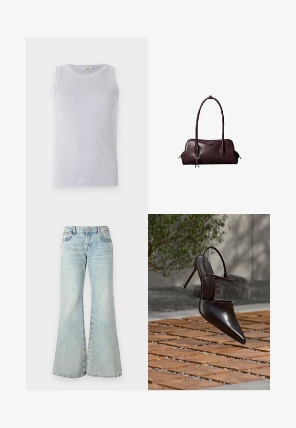 Lichtblauw geribbeld tanktop met een ronde halslijn. Glad textuur en mouwloos ontwerp, voorzien van een subtiele merketiket op de halslijn.; Lichtblauwe flared jeans van denim, met een hoge taille, zakken en rafelige zomen. De stof heeft een vervaagde wassing en een subtiele textuur.; Glanzende zwarte hoge hak mule met spitse neus en enkelriem, zwevend boven een oppervlak met terracottategels en grindvoegen.; Donkerbruine leren Calvin Klein handtas met lange dubbele handvatten en een kleine logo-sierhanger die aan één handvat hangt.