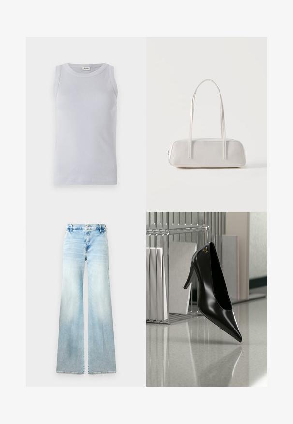 Lyseblå ribbet tanktop med en rund udskæring. Glat tekstur og ærmeløst design med et diskret mærke på udskæringen.; Lysblå flagrende jeans lavet af denim. Har en falmet vask, standardlommer og en knaplukning i taljen.; Sort højhælet sko med spids tå og guldlogo, placeret på en reflekterende overflade nær en krom trådfilholder med dokumenter.; Hvid rektangulær skuldertaske med lange tynde stropper, minimal syning og lynlåslukning på en ensfarvet baggrund.