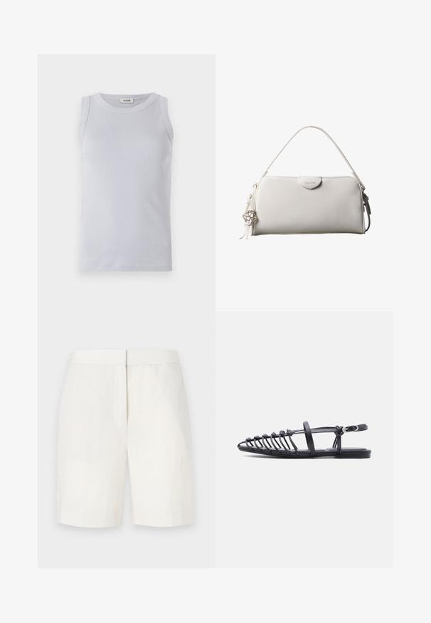 Lichtblauw geribbeld tanktop met een ronde halslijn. Glad textuur en mouwloos ontwerp, voorzien van een subtiele merketiket op de halslijn.; Witte katoenen shorts met een rechte snit, vlakke voorkant en subtiele textuur. Heeft een tailleband en geen zichtbare zakken. Eenvoudig ontwerp.; Zwarte platte sandaal met meerdere dunne bandjes, een enkelfiguur met gesp en een open-toe kooi-ontwerp op een witte achtergrond.; Witte rechthoekige Calvin Klein handtas met enkele handgreep, minimalistisch ontwerp en decoratieve kwastjes met geometrische metalen hanger aan de zijkant.