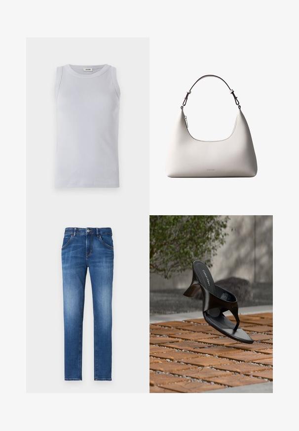 Lyseblå ribbet tanktop med en rund udskæring. Glat tekstur og ærmeløst design med et diskret mærke på udskæringen.; Slim-fit blå denimjeans med en falmet finish, fem lommer, frontlukkebutton og kontrasterende syninger.; Sort Calvin Klein hæl-sandal med åben tå, der svæver over en udendørs flisebelagt overflade med grønne planter og en betonvæg i baggrunden.; Cremefarvet skuldertaske i læder fra Calvin Klein med buet topkant, sølvfarvet lynlås og mørkebrun justerbar rem.