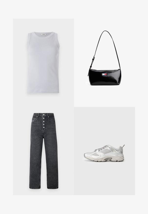 Lyseblå ribbet tanktop med en rund udskæring. Glat tekstur og ærmeløst design med et diskret mærke på udskæringen.; Høj Talje, vidde ben jeans i mørkegrå denim med fem knapper, bæltesløjfer og forlommer. Glat struktur med let falmede områder.; Løbesko i hvidt mesh med metalliske accenter, teksturerede overlay og en tyk sål. Udstyret med snørebånd foran og en trækflap bagpå.; Sort patenteret læder skuldertaske med en buet rem, lynlåslukning og et rektangulært logo patch i rød, hvid og blå.
