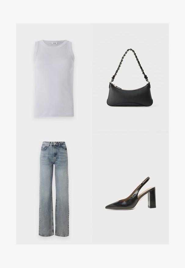 Débardeur à côtes bleu clair avec un col rond. Texture lisse et design sans manches, comportant une étiquette de marque discrète sur le col.; Jeans en denim bleu clair à taille haute, design à jambe large, finition délavée et détails légèrement usés. Style classique à cinq poches.; Chaussure slingback en cuir noir à bout pointu avec un talon bloc haut et une doublure intérieure beige sur un fond clair uni.; Sac à bandoulière en cuir noir de forme rectangulaire incurvée, avec une chaîne dorée tissée dans la bandoulière noire tressée et une fermeture éclair sur le dessus.