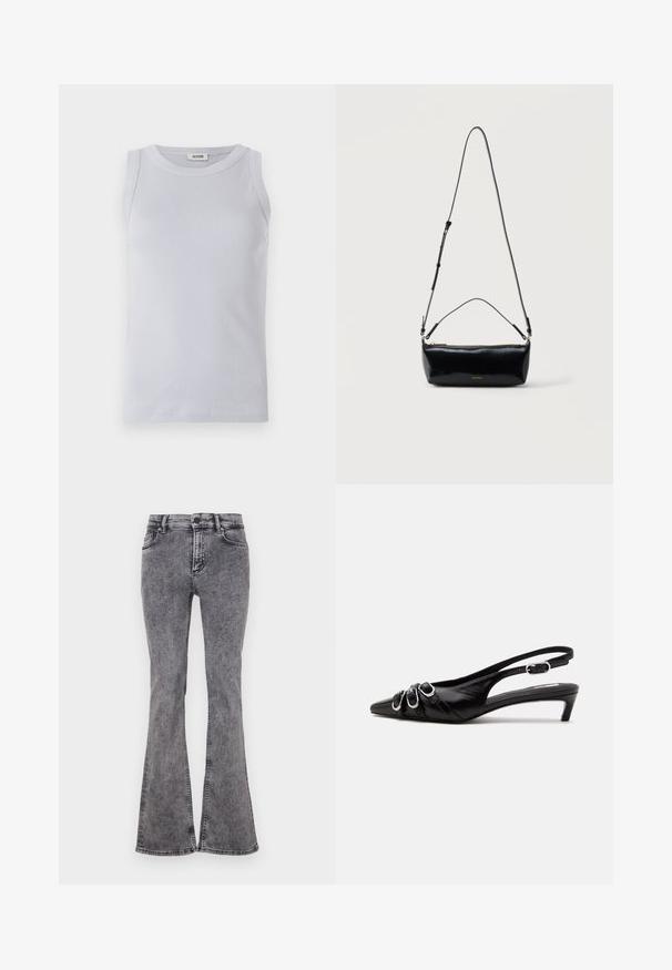 Lichtblauw geribbeld tanktop met een ronde halslijn. Glad textuur en mouwloos ontwerp, voorzien van een subtiele merketiket op de halslijn.; Uitgebloeide zwarte jeans van denim met een vervaagde wasbeurt, voorzien van vijf zakken, een ritssluiting en contrasterende stiksels langs de naden.; Zwarte leren slingback schoen met puntige neus, drie zilveren gespen aan de voorkant en lage kittenhak op witte achtergrond.; Zwarte rechthoekige leren crossbodytas met verstelbare schouderriem, bovenrits en klein gouden Calvin Klein-logo aan de voorkant.
