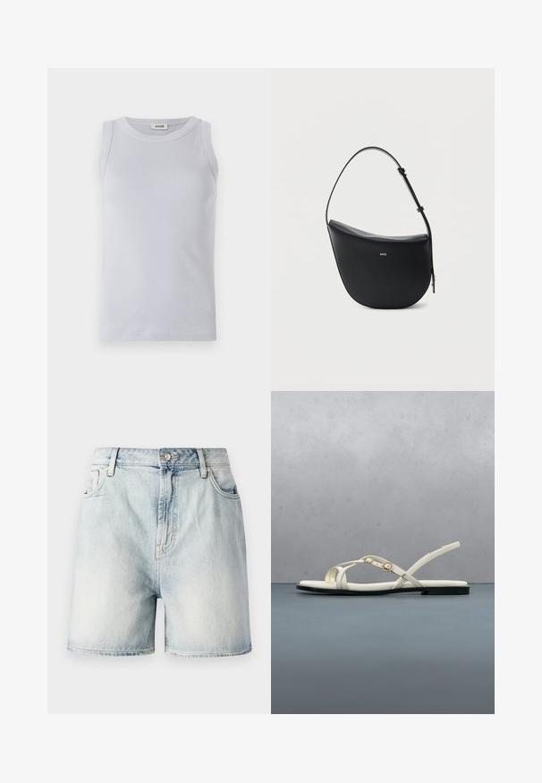 Lyseblå ribbet tanktop med en rund udskæring. Glat tekstur og ærmeløst design med et diskret mærke på udskæringen.; Lyseblå denimshorts med knaplukning, fem lommer og en falmet struktur. Lige snit med et klassisk design.; Hvid flad sandal med stropper og ankelspænde, der svæver over trægulv udendørs nær grønt område og grå stenvæg.; Sort halv-måne skuldertaske i læder med justerbar rem og guld "BOSS"-logo centreret foran.