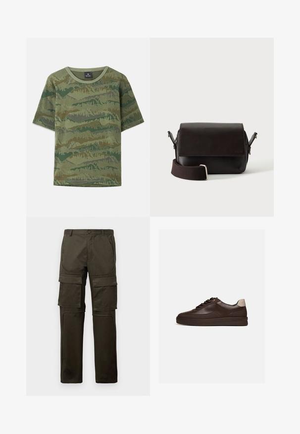 Grünes Camouflage-T-Shirt aus Baumwolle. Kurze Ärmel, runder Halsausschnitt, mit einem geschichteten Bergmuster in verschiedenen Grüntönen und Brauntönen.; Dunkelolivgrüne Cargo-Hosen mit mehreren großen Front- und Oberschenkeltaschen, Knopfverschluss und gesteppten Kniepaneelen auf weißem Hintergrund.; Niedrig geschnittener dunkelbrauner Ledersneaker mit geriffelter Sohle und hellbeiger Fersenlasche, von der Seite auf weißem Hintergrund.; Dunkelbraune Leder-Umhängetasche mit Klappenverschluss und verstellbarem Stoffriemen auf weißem Hintergrund.