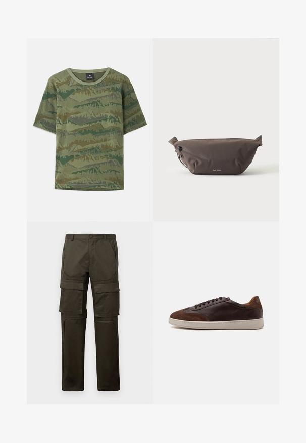 Grøn camouflage T-shirt lavet af bomuld. Korte ærmer, rund halsudskæring, med et lagdelt bjergmønster i varierende nuancer af grøn og brun.; Mørke olivengrønne cargo bukser med flere store lommer foran og på lårene, knaplukning og syede knæpaneler mod en hvid baggrund.; Lavtop brune læder- og ruskindsneakers med mørkebrune snørebånd og en hvid gummisål set fra ydersiden.; Mørkebrun stof talje taske med diagonalt lynlåslomme og lille hvidt logo på fronten, sat mod en ensfarvet lys baggrund.