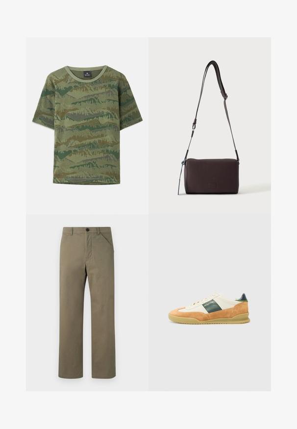 Grøn camouflage T-shirt lavet af bomuld. Korte ærmer, rund halsudskæring, med et lagdelt bjergmønster i varierende nuancer af grøn og brun.; Lyse olivengrønne bukser lavet af glat, robust stof. Har en knap- og lynlås-lukning, sidelommer og en lige ben-design.; Hvide og tan atletiske sneakers lavet af ruskind og læder. Grøn accentstribe, gummisål og minimal branding i guld på siden.; Mørkebrun textured læder crossbody taske med justerbar rem og lille dekorativ blå accent på siden.