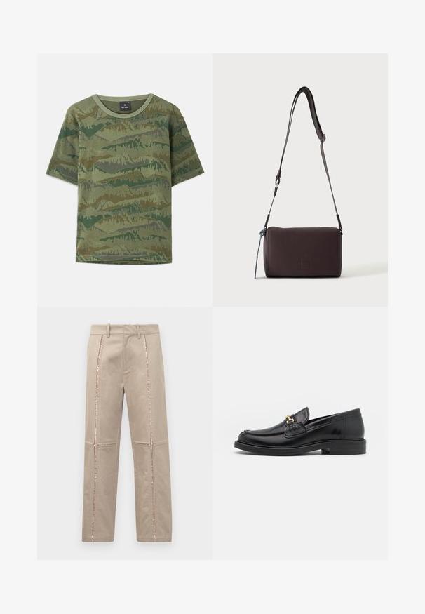Grünes Camouflage-T-Shirt aus Baumwolle. Kurze Ärmel, runder Halsausschnitt, mit einem geschichteten Bergmuster in verschiedenen Grüntönen und Brauntönen.; Beige Hosen mit geradem Schnitt, ausgestattet mit seitlichen Streifen aus roségoldenen Pailletten und dezentem gesticktem Detail an den Beinen.; Schwarze Lederleter mit einer abgerundeten Zehenpartie, ausgestattet mit goldenen Hardwareakzenten und Stichdetails, auf einer niedrigen, strukturierten Gummisohle.; Dunkelbraune, strukturierte Leder-Crossbody-Tasche mit verstellbarem Riemen und kleinem dekorativen blauen Akzent an der Seite.