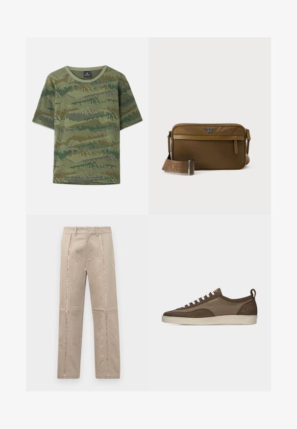Camiseta de camuflaje verde hecha de algodón. Manga corta, cuello redondo, que presenta un patrón de montañas en capas en diferentes tonos de verde y marrón.; Pantalones beige con corte recto, que presentan franjas laterales de lentejuelas en color rosa dorado y sutiles detalles de costura en las piernas.; Zapatilla baja marrón con cordones blancos, suela beige, parte superior de tela y ante, lengüeta lateral y logo "Tiger of Sweden" en texto dorado.; Bolso bandolera rectangular marrón con bolsillo frontal con cremallera, correa ajustable grabada con el nombre de la marca y logotipo metálico en el centro superior.