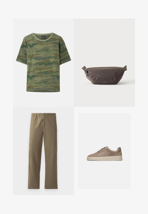 Grünes Camouflage-T-Shirt aus Baumwolle. Kurze Ärmel, runder Halsausschnitt, mit einem geschichteten Bergmuster in verschiedenen Grüntönen und Brauntönen.; Khaki-Hosen aus leichtem Stoff. Mit einem elastischen Bund, einem Knopfverschluss, geraden Beinen und einer glatten Textur.; Niedriger beiger Sneaker mit Schnürung vorne, glatten und Veloursleder-Elementen sowie dicker cremeweißer Sohle auf einfarbig hellem Hintergrund.; Dunkelbraune Stoff-Gürteltasche mit diagonalem Reißverschlussfach und kleinem weißen Logo vorne, vor einem einfarbigen hellen Hintergrund.