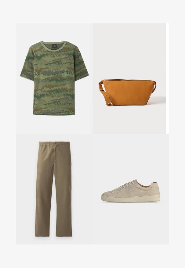 Grøn camouflage T-shirt lavet af bomuld. Korte ærmer, rund halsudskæring, med et lagdelt bjergmønster i varierende nuancer af grøn og brun.; Khaki bukser lavet af letvægtsmateriale. Har en elastisk talje, knaplukning, lige ben og en glat overflade.; Beige ruskind lavtop sneaker med snørelukning og tyk gummisål, vist fra siden på en ensfarvet hvid baggrund.; Lys brun læder crossbody taske med justerbar rem og lynlås, vist mod en ensartet lys baggrund.