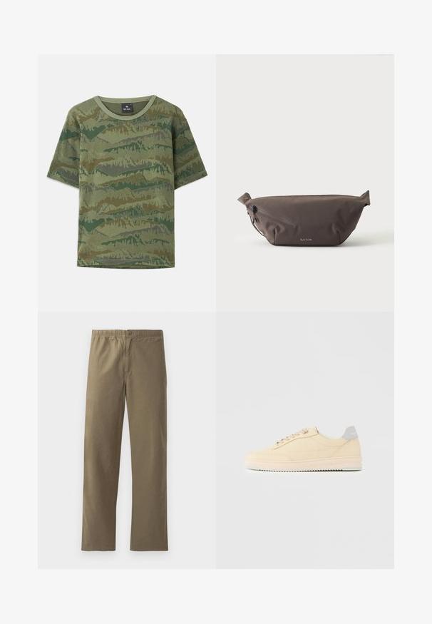 Grünes Camouflage-T-Shirt aus Baumwolle. Kurze Ärmel, runder Halsausschnitt, mit einem geschichteten Bergmuster in verschiedenen Grüntönen und Brauntönen.; Khaki-Hosen aus leichtem Stoff. Mit einem elastischen Bund, einem Knopfverschluss, geraden Beinen und einer glatten Textur.; Beiger Sneaker in niedrigem Design mit Schnürverschluss vorne, hellrosa Sohle und grauem Fersenlasche mit der Marke "Filling Pieces", seitlich auf neutralem Hintergrund gezeigt.; Dunkelbraune Stoff-Gürteltasche mit diagonalem Reißverschlussfach und kleinem weißen Logo vorne, vor einem einfarbigen hellen Hintergrund.