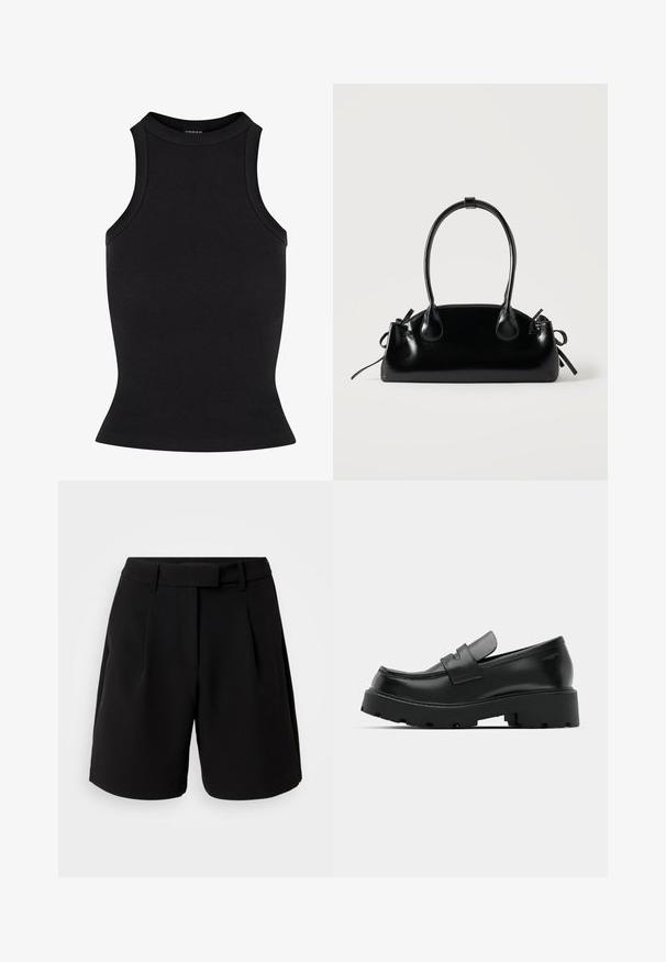 Μαύρο ριγέ tank top με υψηλή λαιμόκοψη και εφαρμοστή σιλουέτα. Λείο υλικό χωρίς ορατά διακοσμητικά στοιχεία ή σχέδια.; Μαύρες κομμένες σορτς, φτιαγμένες από λείο ύφασμα, με ψηλή μέση, πτυχώσεις, θηλιές ζώνης και πλαϊνές τσέπες, με κομψό σχέδιο.; Μαύρα δερμάτινα loafers με χοντρή υφασμάτινη σόλα, που διαθέτουν λωρίδα πάνω από το βεντ και λείο, γυαλισμένο φινίρισμα.; Μικρή μαύρη γυαλιστερή τσάντα με δύο μακριές λαβές και λεπτομέρειες με ρυθμιζόμενο κορδόνι στο πλάι σε απλό ανοιχτό φόντο.