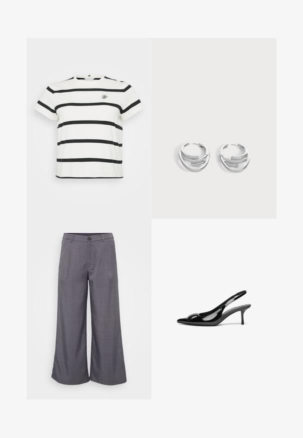 T-shirt blanc avec des rayures noires horizontales, à manches courtes et col rond. Présente un petit logo brodé à l'avant.; Pantalons larges gris en tissu lisse, avec une fermeture par bouton à l'avant, des plis et une coupe décontractée jusqu'à la cheville.; Escarpins slingback en cuir verni noir avec un bout pointu et une finition brillante. Présente un talon fin et un accent arrondi au dessus du pied.; Paire de boucles d'oreilles anneaux en argent poli avec un design de barre incurvée superposée sur un fond clair uni.