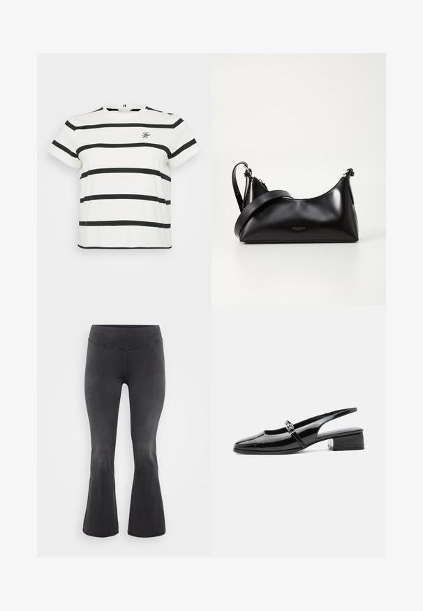 T-shirt blanc avec des rayures noires horizontales, à manches courtes et col rond. Présente un petit logo brodé à l'avant.; ONLY Carmakoma Flared fit CARROYAL Mid waist - Jean flare - washed black; Chaussure slingback en cuir verni noir avec un petit talon bloc et une fine bride avec une boucle argentée sur le dessus.; Sac à main en cuir noir avec une texture lisse. Dispose d'une bandoulière adjustable et d'un design élégant et minimaliste avec une fermeture éclair.