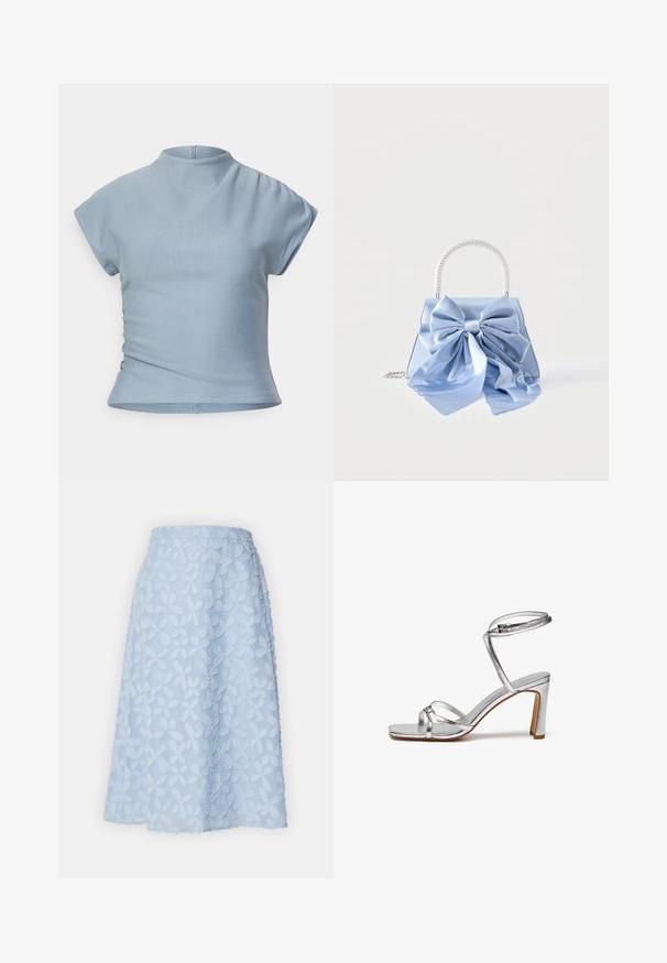 Top corto de manga corta en azul claro con un alto cuello, diseño ajustado, detalles fruncidos en los hombros y una cremallera oculta en la parte posterior.; Falda A-line de color azul claro con un patrón floral texturizado hecho de tejido bordado, con una cinturilla suave y un dobladillo a la altura de la rodilla.; Sandalias de tacón alto plateadas con punta cuadrada, tira delgada en el tobillo y tiras en la parte delantera. Acabado metálico suave con un tacón cuadrado de 7,5 cm.; Bolso azul claro con gran lazo de satén en la parte frontal y asa plateada con cuentas sobre fondo blanco.
