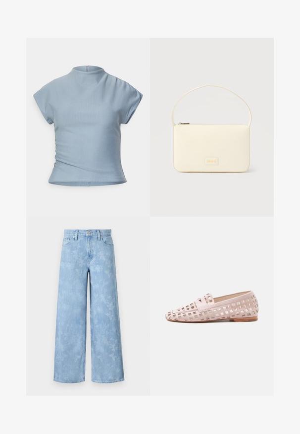 Top corto de manga corta en azul claro con un alto cuello, diseño ajustado, detalles fruncidos en los hombros y una cremallera oculta en la parte posterior.; Jeans de pernera ancha de un azul claro, con un patrón floral desvanecido, cinco bolsillos y un cierre de botón en la cintura. Tela de mezclilla con ligera textura.; Mocasín plano rosa claro con patrón de recortes cuadrados y tacón bajo de madera, mostrado de lado sobre un fondo liso.; Bolso rectangular color crema con una sola correa y cremallera superior, con una pequeña placa de logotipo en relieve en el frente.