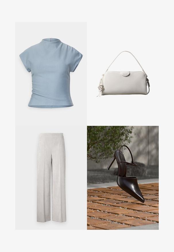 Top corto de manga corta en azul claro con un alto cuello, diseño ajustado, detalles fruncidos en los hombros y una cremallera oculta en la parte posterior.; Pantalones de pana anchos en gris claro con una textura suave, que presentan un ribete vertical y una cinturilla alta para un ajuste relajado.; Zueco negro brillante de tacón alto con puntera puntiaguda y correa en el tobillo, suspendido sobre una superficie de baldosas de terracota con espacios de grava.; Bolso rectangular blanco de Calvin Klein con un solo asa, diseño minimalista y borlas decorativas con un charm metálico geométrico en el lateral.