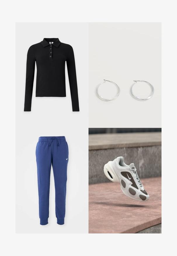 Zwart geribd poloshirt met lange mouwen, kraag en vier metalen drukknopen op de knopenlijst.; Blauwe Nike trainingsbroek met elastische tailleband, trekkoord, gekruiste enkels en wit Nike swoosh-logo op de linkerdij.; Witte en grijze Nike-sneaker zwevend boven een stenen oppervlak met veters aan de voorkant en zichtbare luchtvering in de zool.; Zilverkleurige metalen creolen oorbellen met een glad, licht gebogen oppervlak en sluitingen met haaksluiting op een effen witte achtergrond.