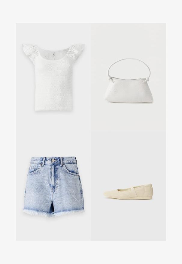 Haut blanc avec un design smocké, un large col et des manches courtes en dentelle avec volants, présentant une surface texturée dans l'ensemble.; Shorts en denim bleu clair avec un ourlet effiloché. Décorés de clous argentés en motifs d'explosion d'étoiles et dotés d'un design classique à cinq poches.; Ballerines beiges avec une exterior en cuir lisse, un bout en forme d'amande et une sangle élastique sur le coup de pied, avec des détails de couture subtils.; Sac à main en cuir tressé blanc avec poignée arrondie et extrémités de lanière nouées, présenté sur un fond uni.