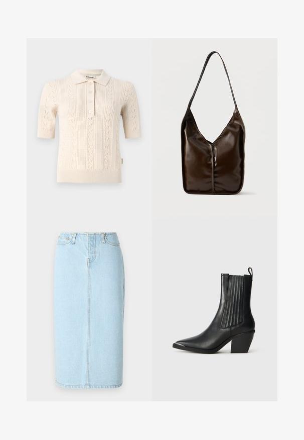 Polo à manches courtes, couleur crème, avec une texture tricotée, un motif en câble et une patte de boutonnage à trois boutons. Détails en col et ourlet côtelés, doux.; Jupe crayon en denim bleu clair avec taille haute, design à cinq poches et détails de couture subtils le long des coutures.; Botte noire en cuir jusqu'à la cheville avec un bout pointu, des panneaux latéraux côtelés, et un talon épais, sur un fond en carreaux texturés.; Sac en cuir synthétique lisse de couleur brune avec une ouverture en V et une large bandoulière. Présente un design minimaliste sans quincaillerie visible.